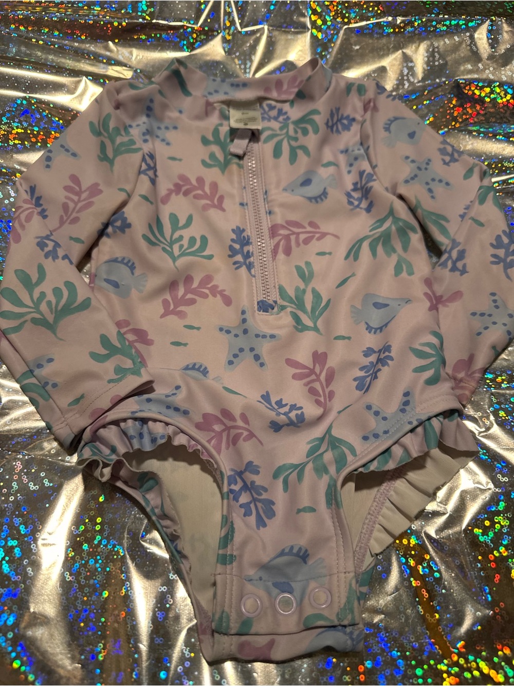 Carter's Pastel Sea Life Long-Sleeve One-Piece - Pink, Blue, Green on lavender
